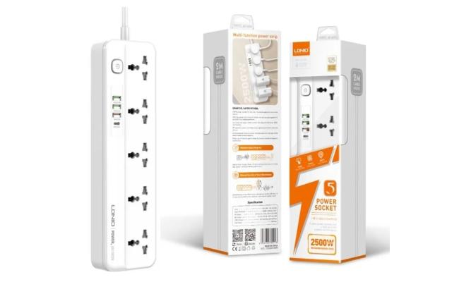 LDNIO SC5415 Popular Multi-Function Power Strip 5 Power Sockets +1PD 20W+1QC 18W+2 AUTO-ID Perfect Home/Office Charging Station - White